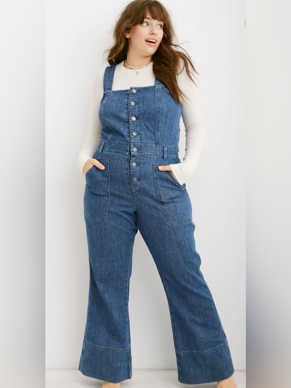 Aerie Denim Button-Front Wide-Leg Overalls - Blue